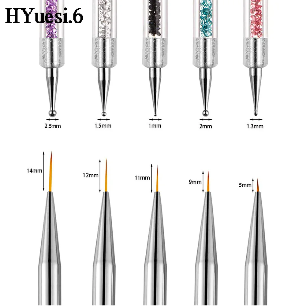 S37f7a368f27e4477b9b2a17b7a702a78U 5pcs/Set 2 In 1 Dual-Ended Nail Art Liner Brushes With Crystal Handle Professional UV Gel Dotting Painting Drawing Pen DIY Tools