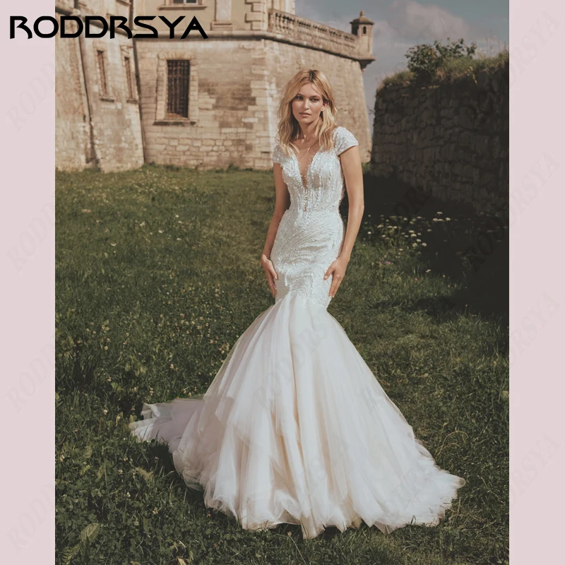 

RODDRSYA Cap Sleeve Tulle Wedding Dresses V-Neck Mermaid Bridal Party Gowns Vestidos De Novia Backless For Plus Size Custom Made