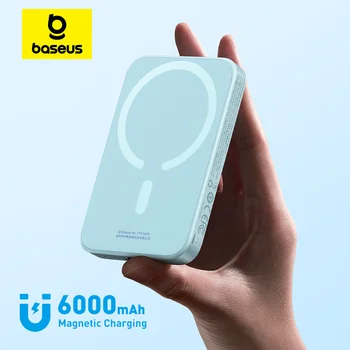 Baseus 마그네틱 무선 충전 6000mAh 파워 뱅크, 14.7mm 미끄럼 방지 실리콘 케이스, 아이폰 8-15 시리즈용 고속 충전, 20W
