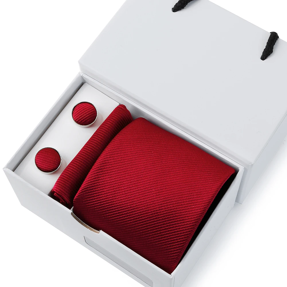 

Fashion Design Necktie Solid Color Pocket Square Matching Cufflinks Box Gift For Business Wedding Suit Dress Clasic Tie With Box