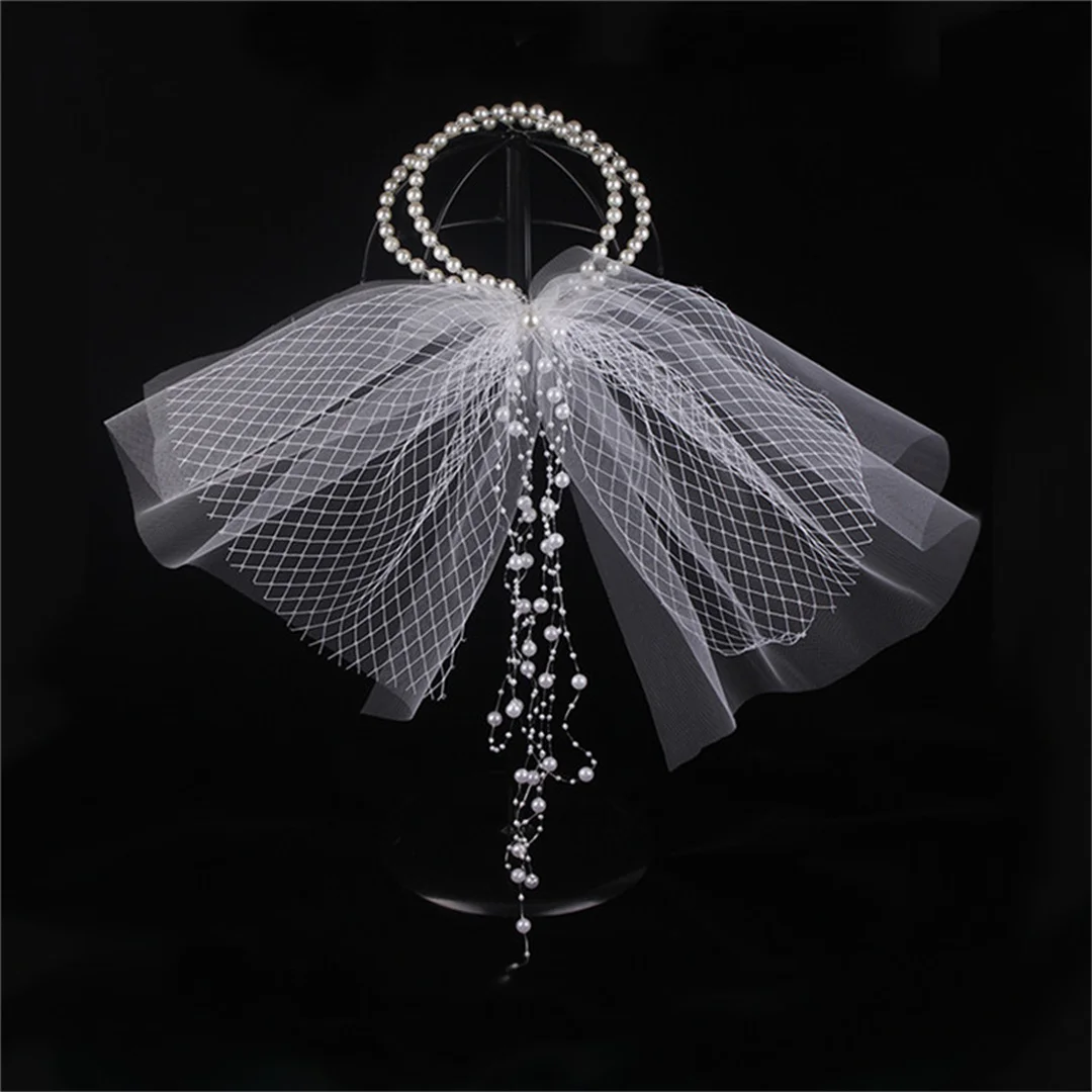 Bridal handmade long tiara double pearl hair veil wedding hair ornament photo studio photography accessories wedding