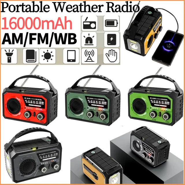 16000mAh AM/FM/WB NOAA Emergency Weather Radio LED Flashlight Reading Lamp Multifunctional Radio SOS Alarm for Emergency Camping