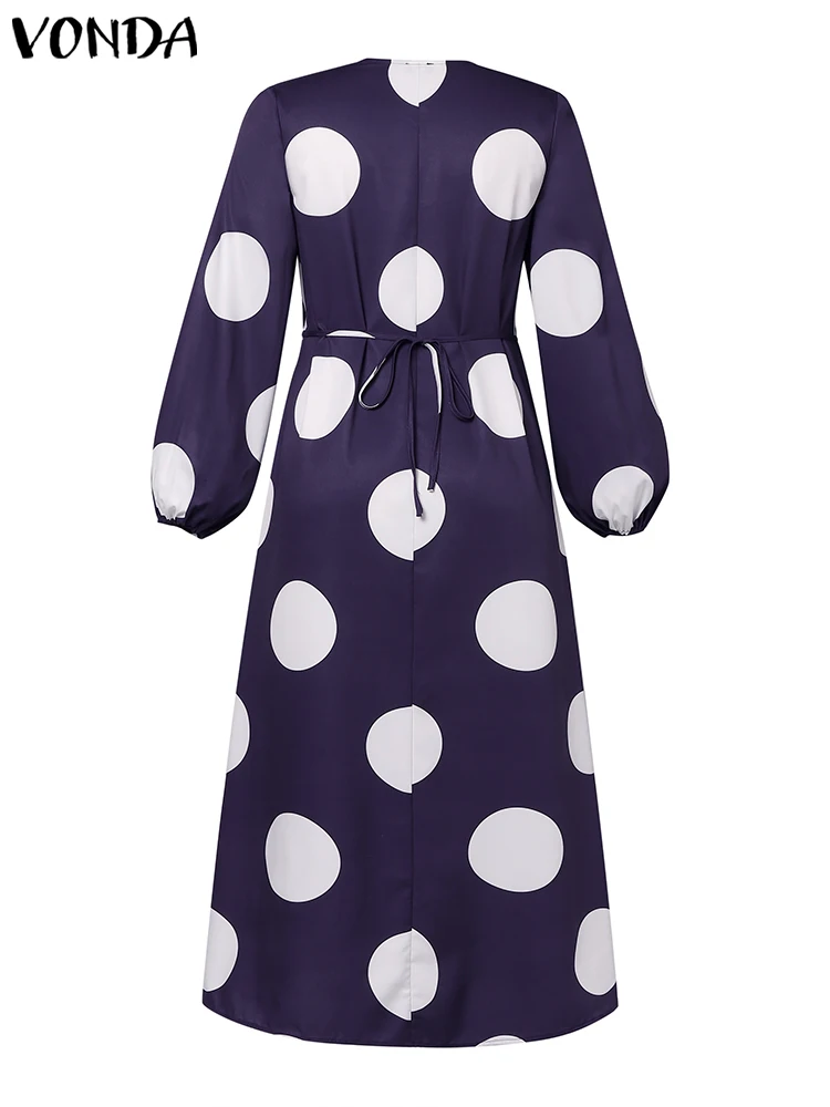 Plus Size VONDA Women Bohemian Long Sleeve Maxi Dress Dot Point Printed Sundress V-neck Casual Loose Buttons Ruffled Vestidos