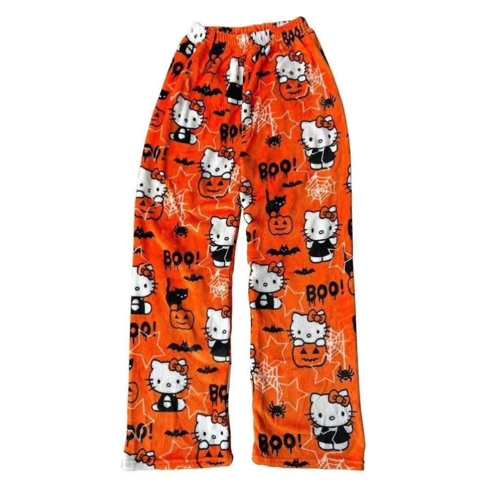 Sanrio Hello Pyjama En Flanelle Kitty Noir Pantalon De Laine Chaude De Dessin Animé Casual De La