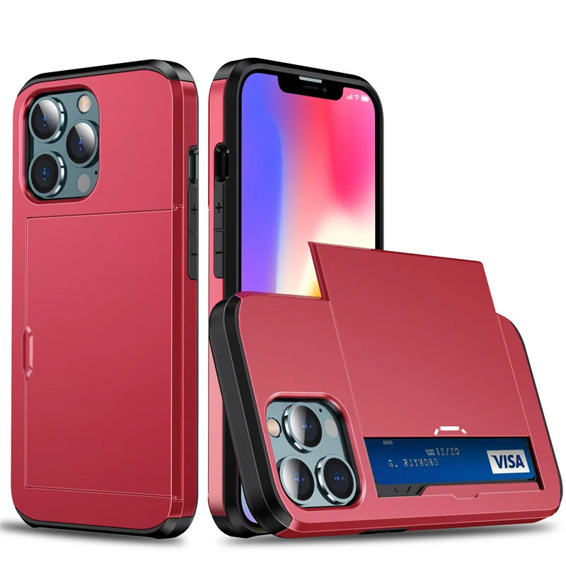 thumbnail image 1 of Slide Wallet Credit Card Slot Phone Case For iPhone 15 14 13 12 11 Pro X XR XS Max 7 8 Plus SE Armor TPU Shockproof Back Cover, 1 of 5