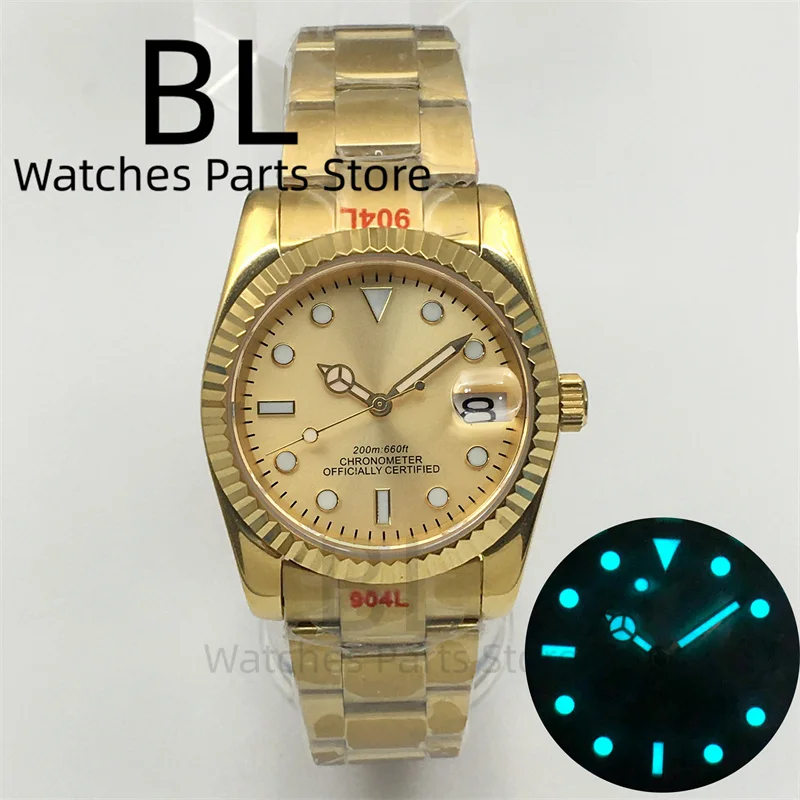 Men's Mechanical Watch 36mm/39mm Gold Case Gold Dial BGW9 Blue Luminous Polished Bezel Sapphire Glass NH35 Automatic Movement