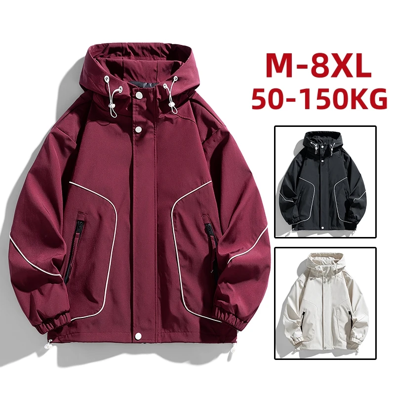 

8XL Plus Size Men Jacket Windbreaker Hooded Trench Coats Oversize 6XL 7XL Waterproof Black Spring Loose Simple Thin Softshell