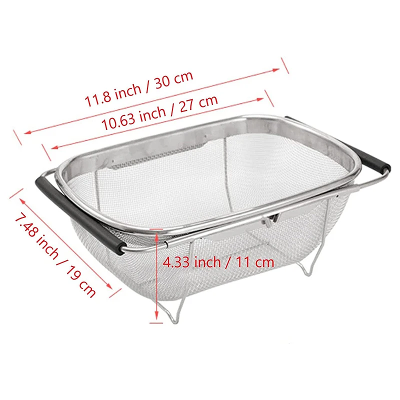 Over The Sink Colander 6 Quart Stainless Steel Fine Mesh Strainer Basket Expandable Rubber Grip Handles Strain Drain Rinse Fruits Vegetables