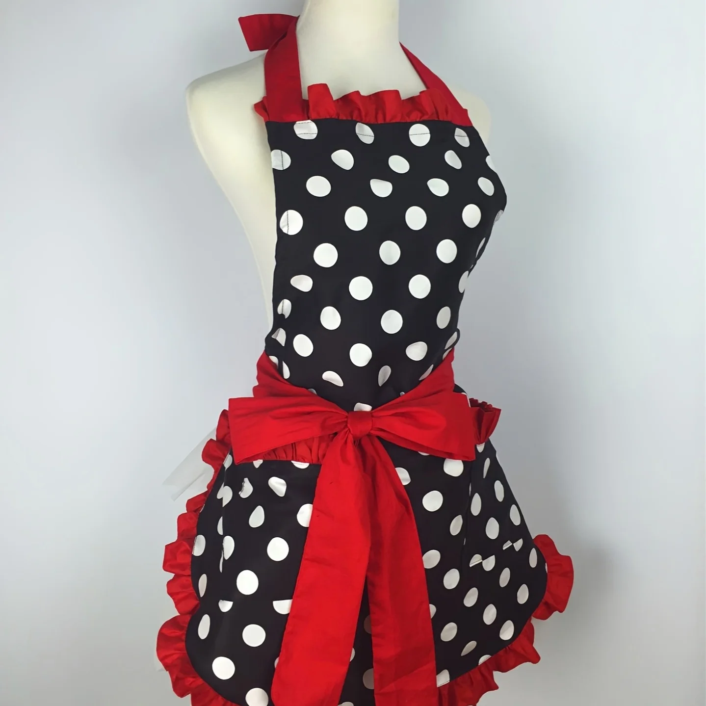 Women's Cotton Polka Dot Apron, Korean Style, Adult Home Daily Kitchen Red Waist Cover for Women