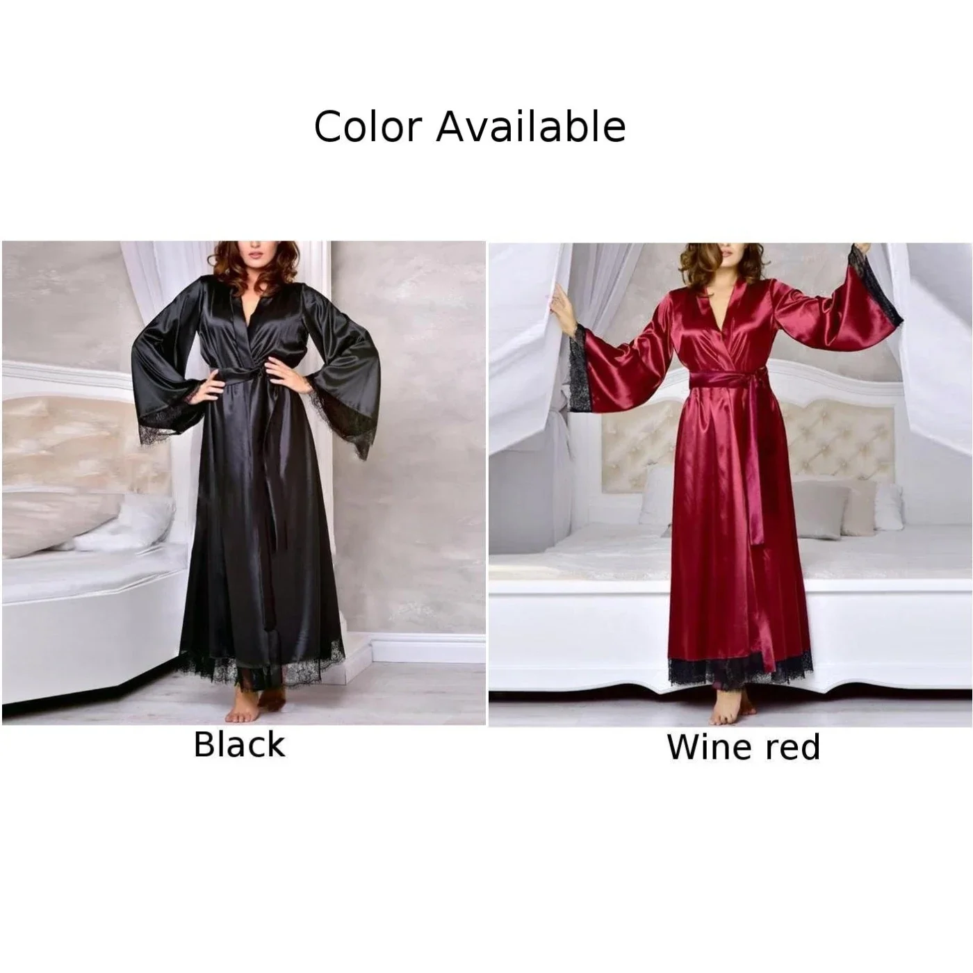 Women Long Bathrobe Kimono Robe Satin Nightdress Nightgown Nightwear Sleepwear Soft Sexy Home Perspective Cardigan Nightwear