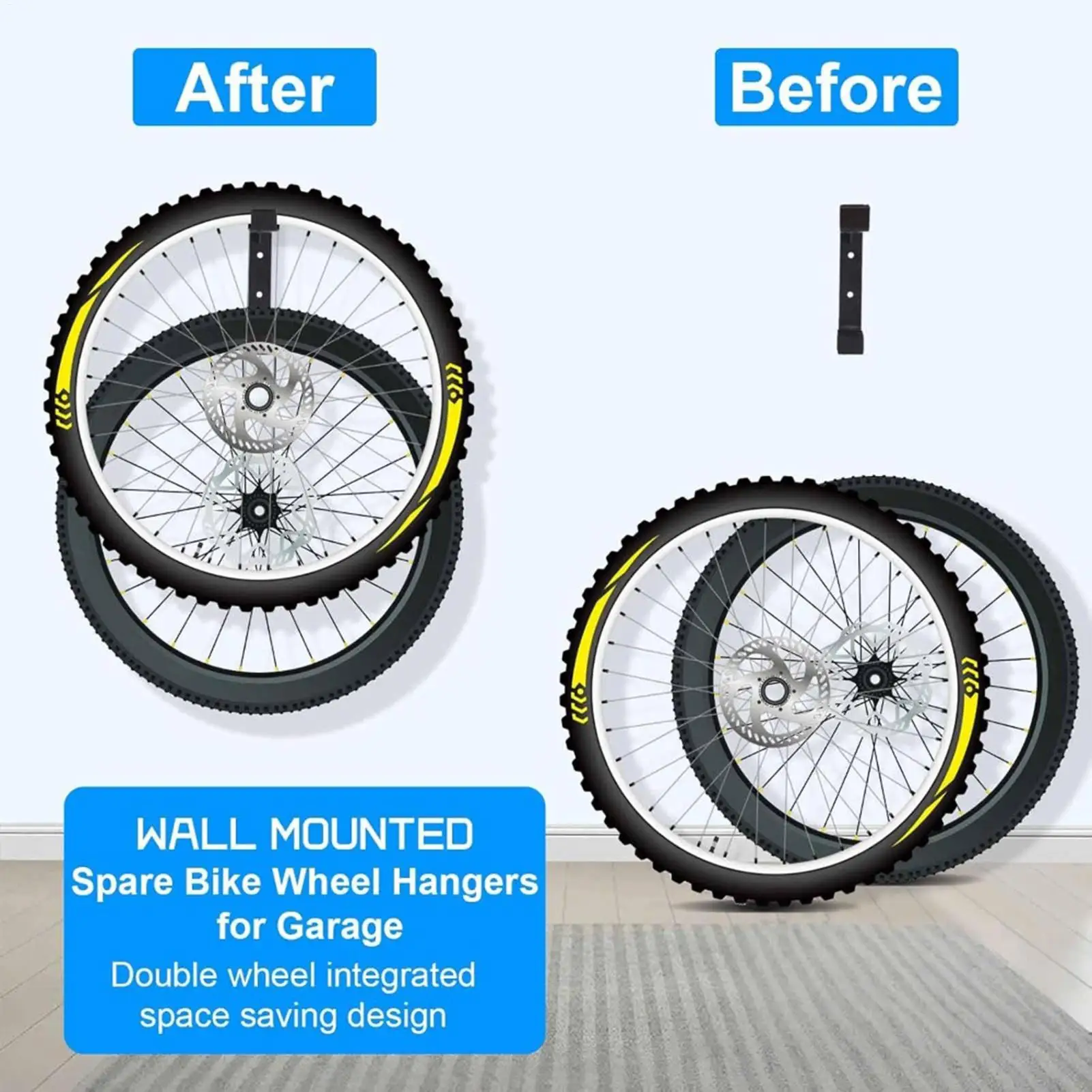 1/2 Stück vertikaler Fahrradhaken mit Reifenablage, robuste Wandhalterung aus Stahl zur Organisation von Ersatzreifen für Zuhause, Garage, Keller – Detail 4