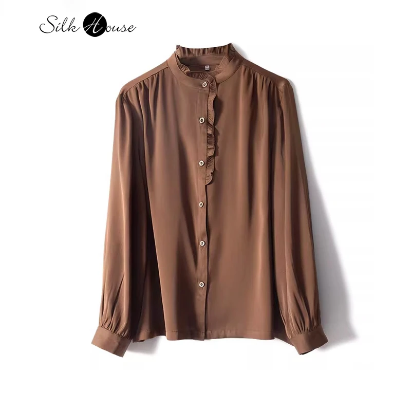 

2024 Early Spring Fashionable New Coffee Solid Color 92.8%Natural Mulberry Silk Elastic Satin French Ear Collar Shirt for Women