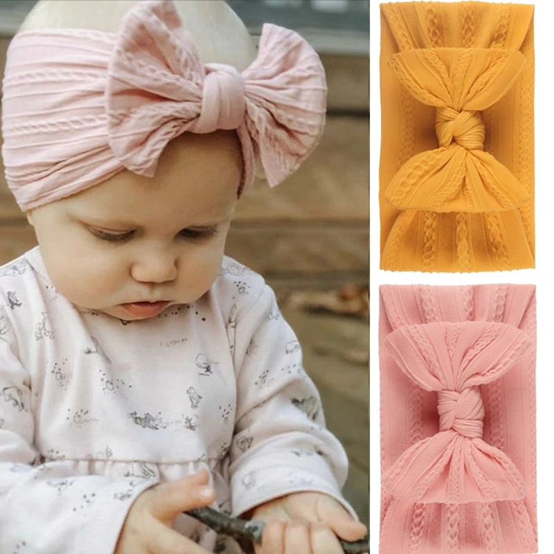2pcs/lot Baby Headband Sets Bow Baby Girl Nylon Headbands Twist Cable Soft Knot Turban Kids