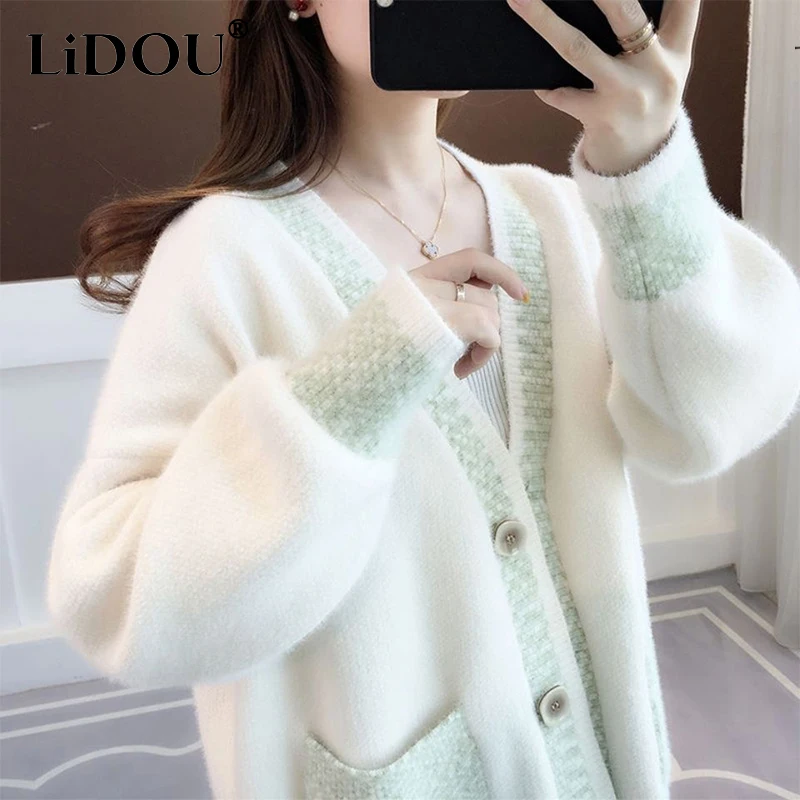 

Autumn Winter Korean Style Sweet Elegant Fashion Patchwork Buttons Sweater Women Loose Casual All-match Knitting Cardigan Coat