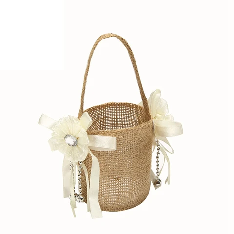 Flower Girls Basket Linen Burlap Basket for Vintage Rustic Wedding Table Decoration Baby Shower Party Candy Gift Bag