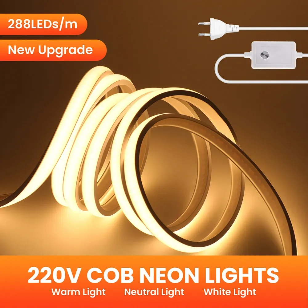 

220V Dimmable COB LED Neon Strip Light Dimmer Switch Power Kit High Density 288 LEDs Linear Lighting IP68 Waterproof Flex Ribbon