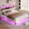 Full Size Bed Frame with Headboard Storage & LED Lights, Platform Bed Frame Full Size with Charging Station, Creamy White 1