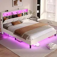 Full Size Bed Frame with Headboard Storage & LED Lights, Platform Bed Frame Full Size with Charging Station, Creamy White 1