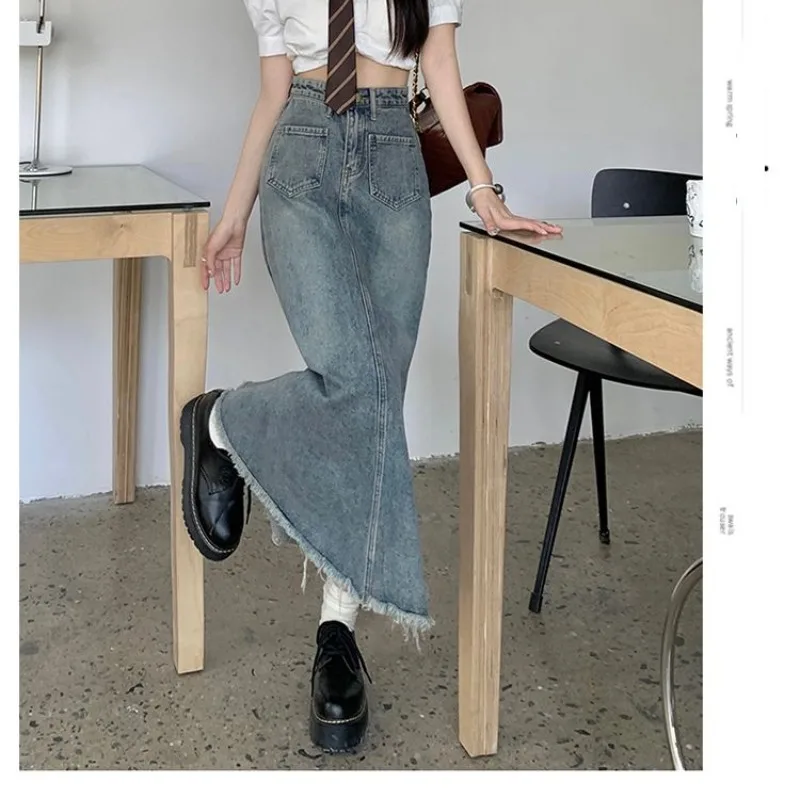 

Spring Autumn Women's High Waist Solid Distressed Button Zipper Pockets Split Fashion Casual Loose Denim Office Lady Skirt