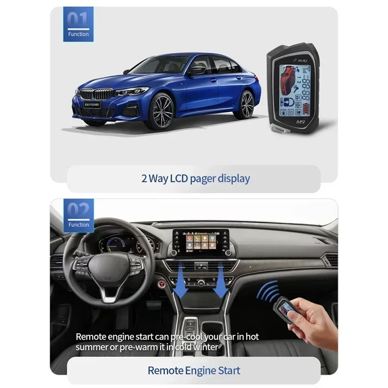 EASYGUARD EC207-M9 2웨이 차량 경보 시스템 (LCD 페이저 디스플레이, 푸시 스타트 버튼, 원격 시동 및 충격 경고 기능 포함)