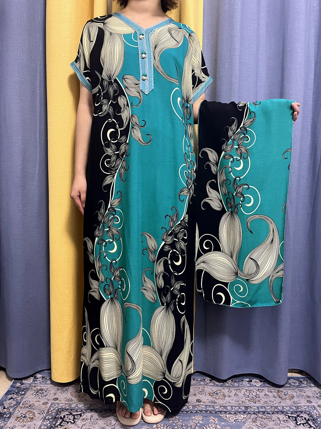 Abayas For Women 2023 Dubai Cotton V-neck Loose Fit Femme Robe African Traditional Dresses With Headscarf LT172