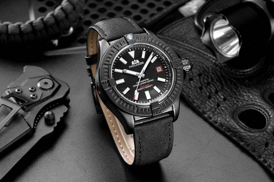 Automatic Self Wind Mechanical Black Bird Canvas Style Genuine Black Blue Leather Dial Date Luminous Luxury Men_voghion.com