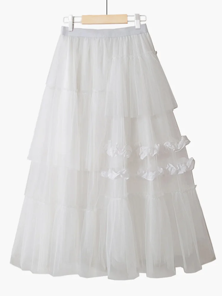 

Vintage Irregular Lace Fungus Lace Splice Solid Color Fairy Big Swing Mid Length Skirt Autumn And Winter New M192