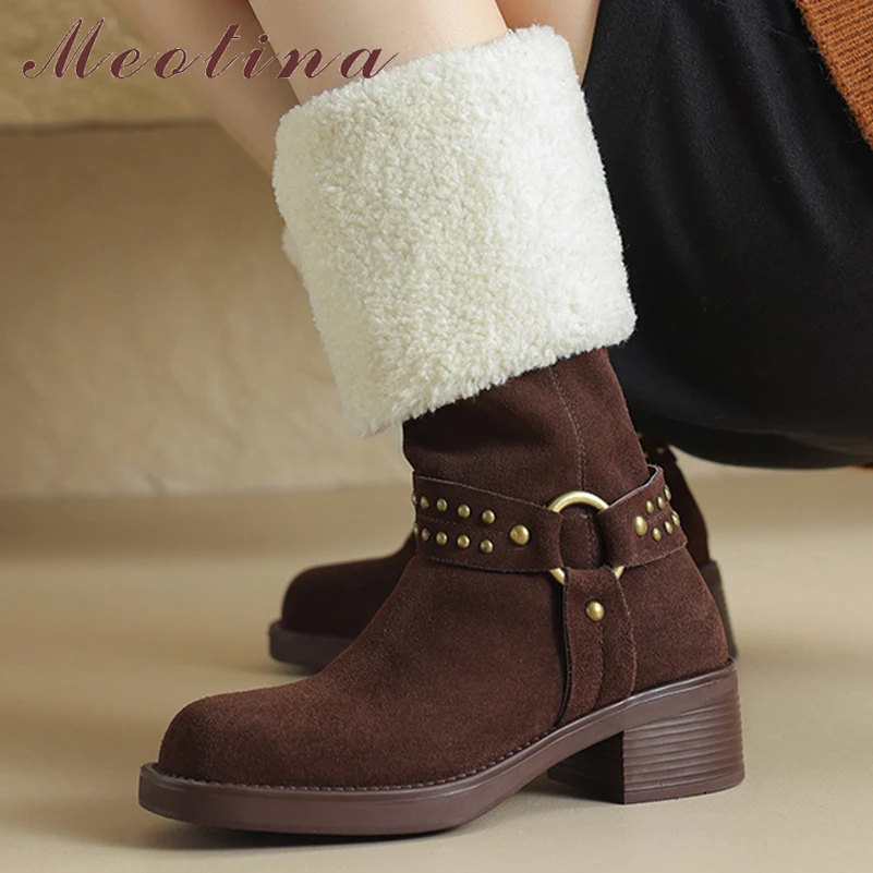 

Meotina Women Genuine Leather Knee High Long Boots Round Toe Thick Mid Heels Rivets Fur Gogo Boots Ladies Fashion Shoes Winter