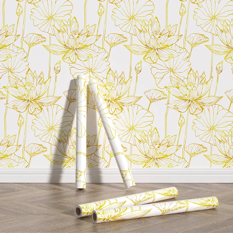 Modern Golden Lotus Decal Vinyl Wallpaper Chic Floral Self Adhesive Interior Decoration Peel and Stick Wallpapers 17.7