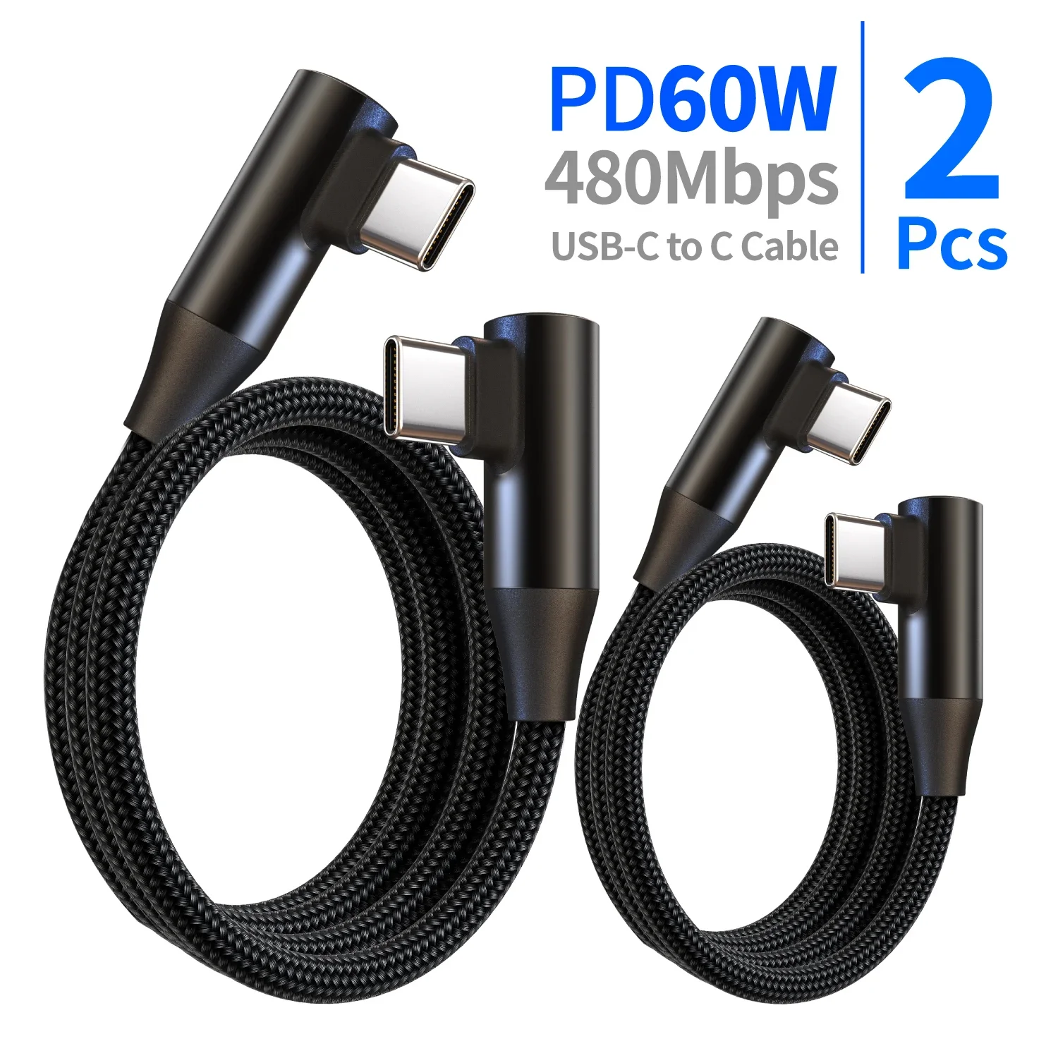 2-Pack 60W USB-C Fast Charging Cable, 90° Angled, Durable for iPhone 16/15, S24/S23, iPad, MacBook, Pixel (25/50/100/200cm)