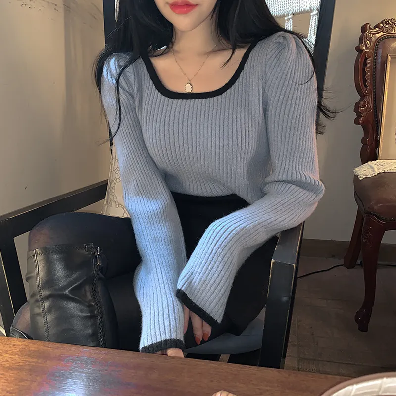 

Women Sexy Square Collar Sweaters Long Sleeve Striped Knit Tops 2024 Korean Casual Cropped Pullover Sweater Fashion Y2K Clothes