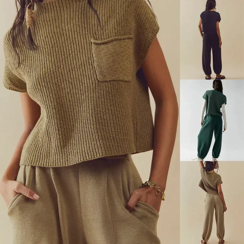 

Women Solid Color Short Sleeve Round Neck Shirt Long Trousers Sports Suit Slim Top Pocket Pants Suits Ladies Two Piece Sets