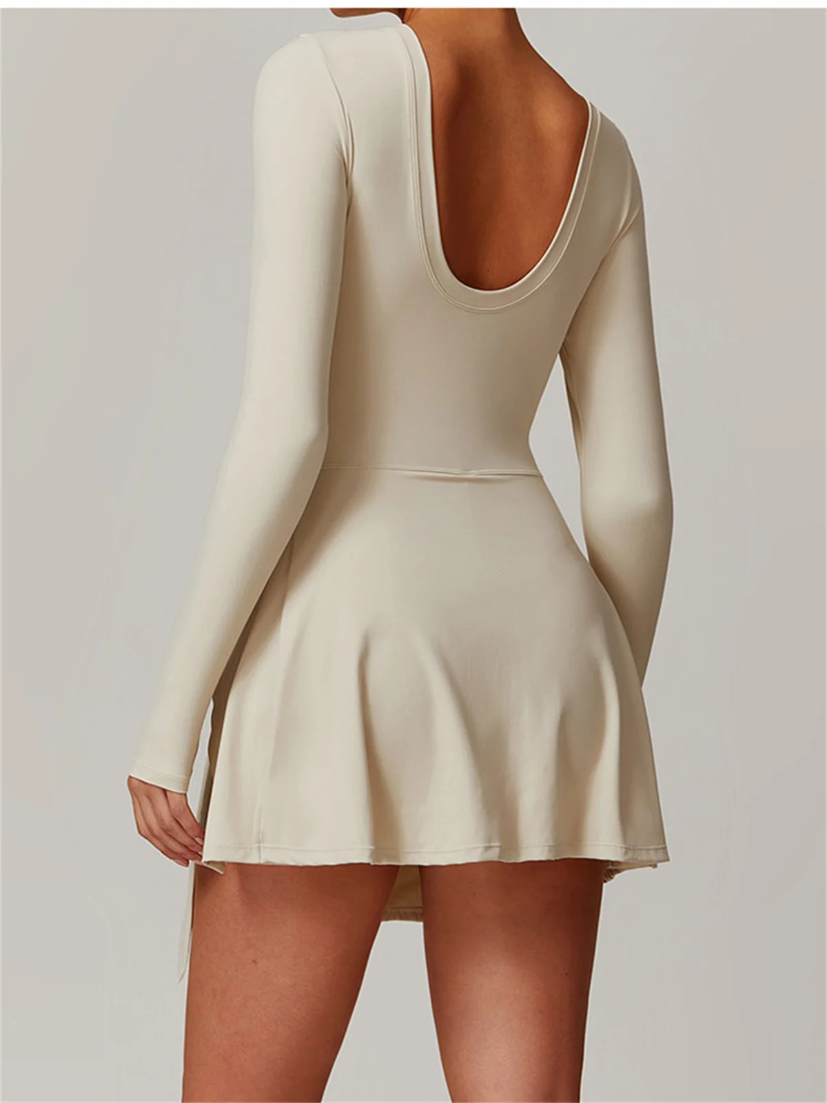 Fake Two Anti Light Tight Tennis Dress for Women with Built in Shorts Womens Long Sleeve U-shaped Back Workout Skort Dress