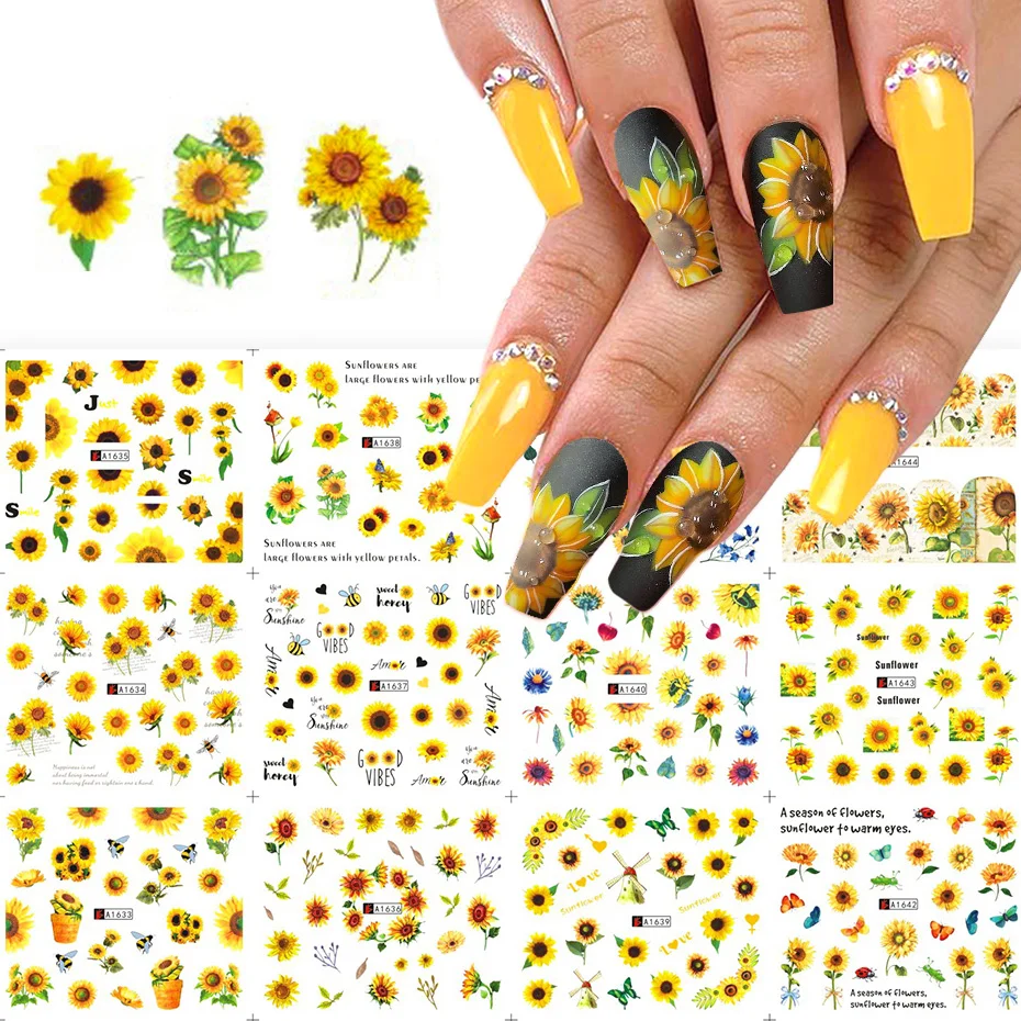Nail Stickers 12pcs Sunflower Nail Stickers Blossom Florals Nail Art Water Decals Transfer Foils Sliders Decorations for Manicure TRA1633-1644