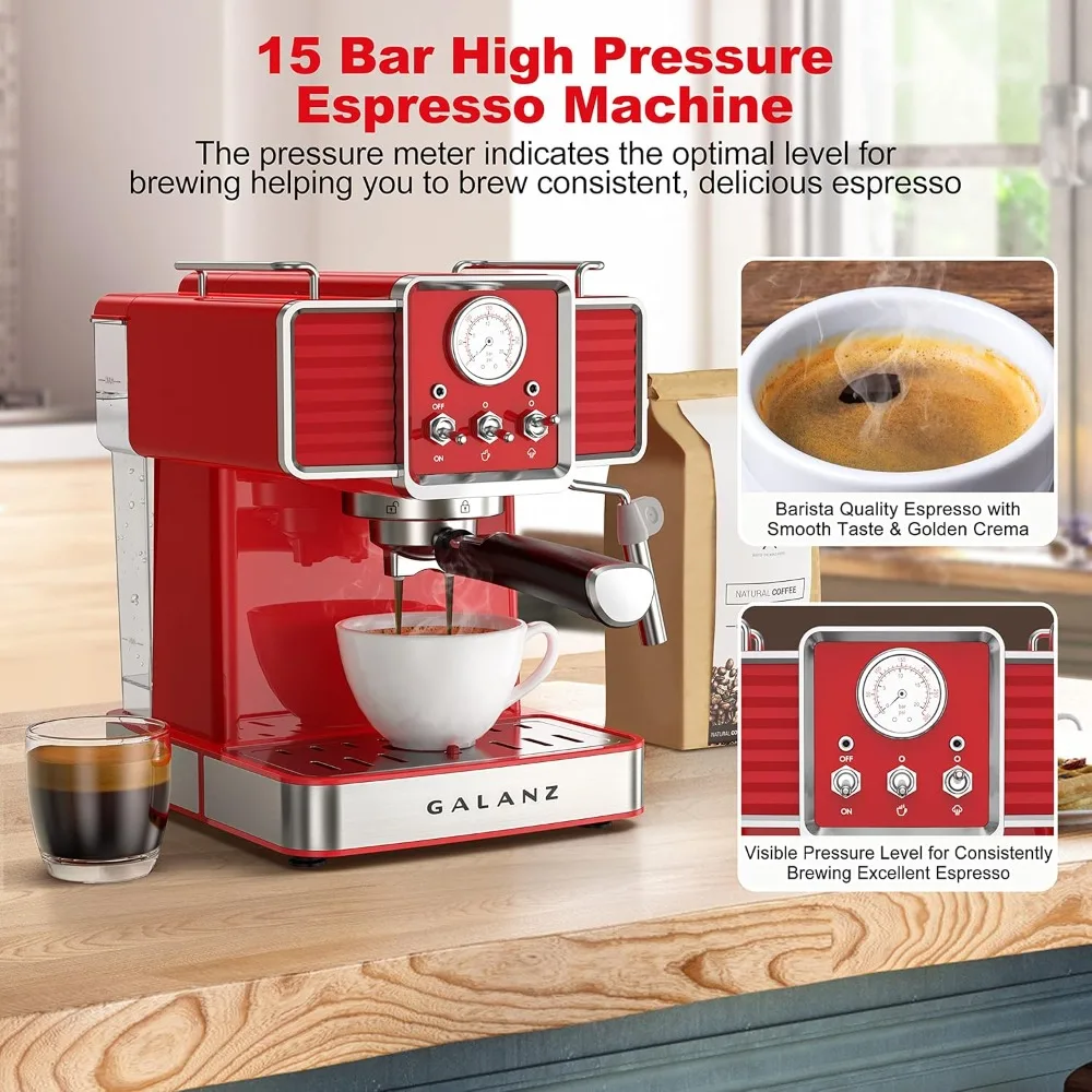 Retro Espresso Machine with Milk Frother, 15 Bar Pump Professional Cappuccino and Latte Machine, 1.5L Removable 2