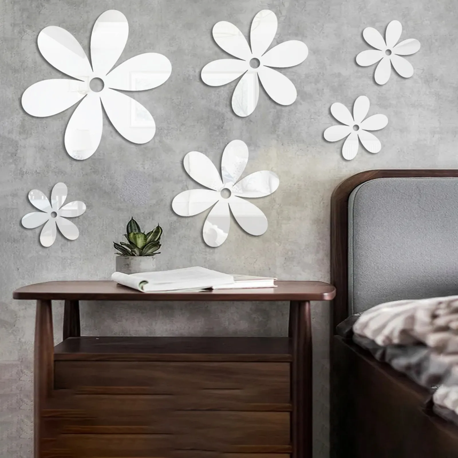 6 Pieces 3D Acrylic Removable Flowers Mirror Wall Stickers DIY Sticky Mural Stickers Flowers For Home Living Room Bedroom