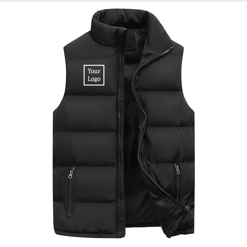 Custom Logo Winter Men Vest Cotton Casual Sleeveless Stand Thick Clothes Solid Color Vest Jacket Male