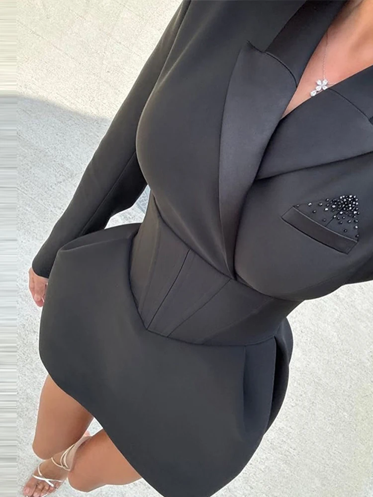 Lapel Waist Cinching Suit Dress Woman Solid Color Long Sleeve Short Elegant Dresses Fashion Versatile Women's New Mini Dresses 1