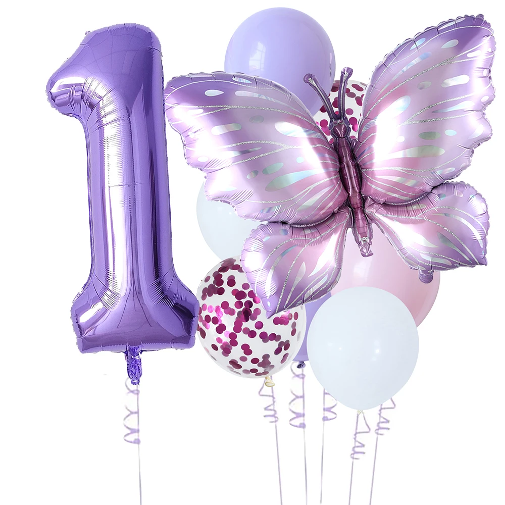 Lila Schmetterling Geburtstagsdeko-Set – 12 Ballons (inkl. Zahl 1, Herz, Stern) Für Mädchen-Party (pastell Lila/rosa)