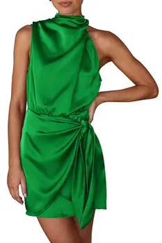 Womens Sleeveless Satin Mock Neck Tie Waist Mini Dress For Cocktail Party