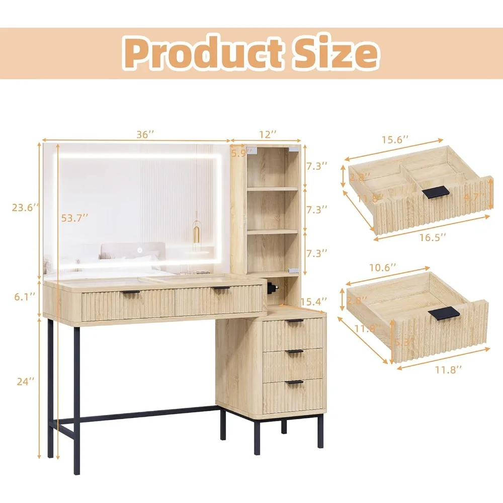 Fluted Makeup Vanity Desk with Large Mirror and Lights, Big Vanity Table with Drawers, Storage Shelves and Charging Station 2