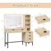 Fluted Makeup Vanity Desk with Large Mirror and Lights, Big Vanity Table with Drawers, Storage Shelves and Charging Station 2