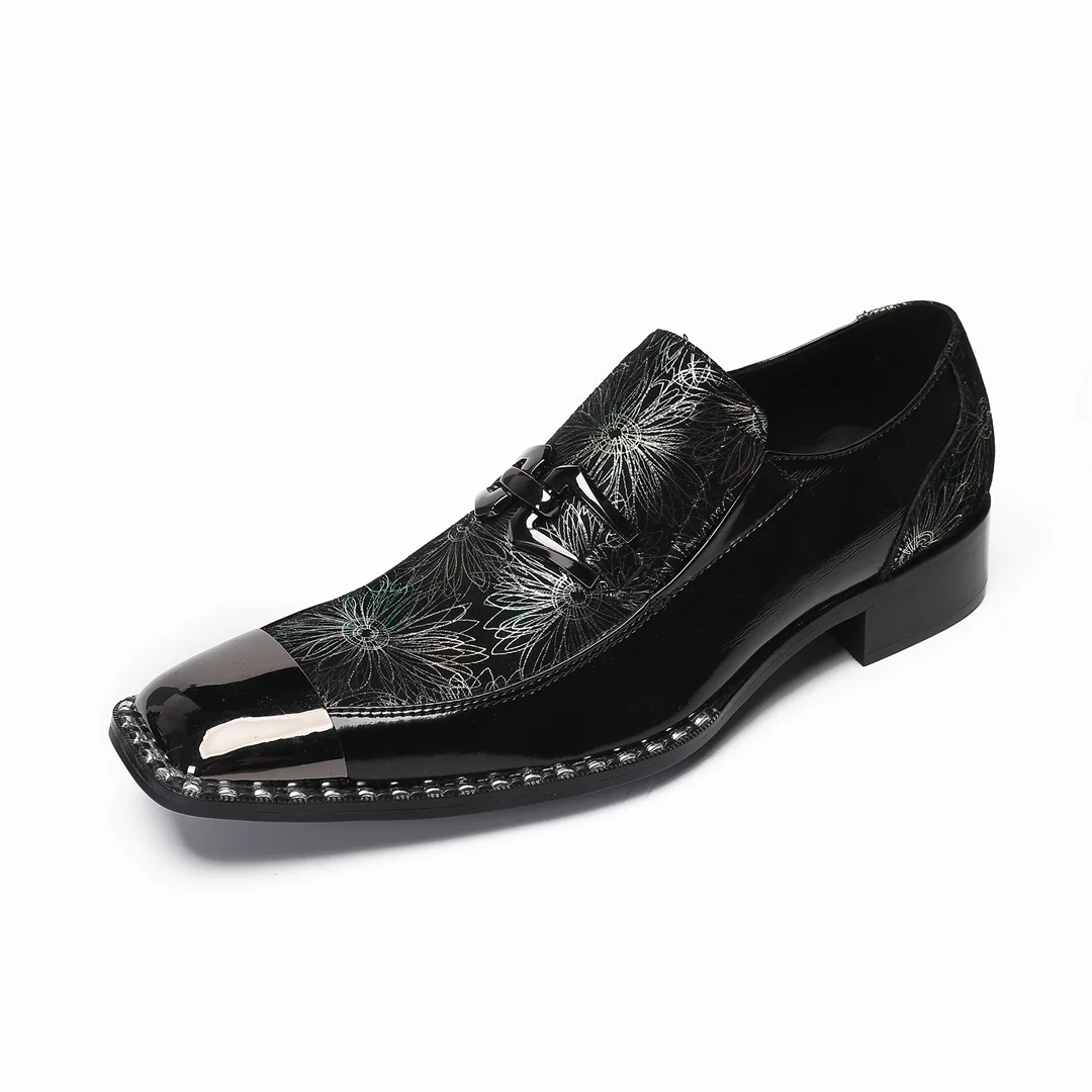 Men's Le Fu shoes snake skin men's real leather shoes printed square head metal buckle wedding business dress