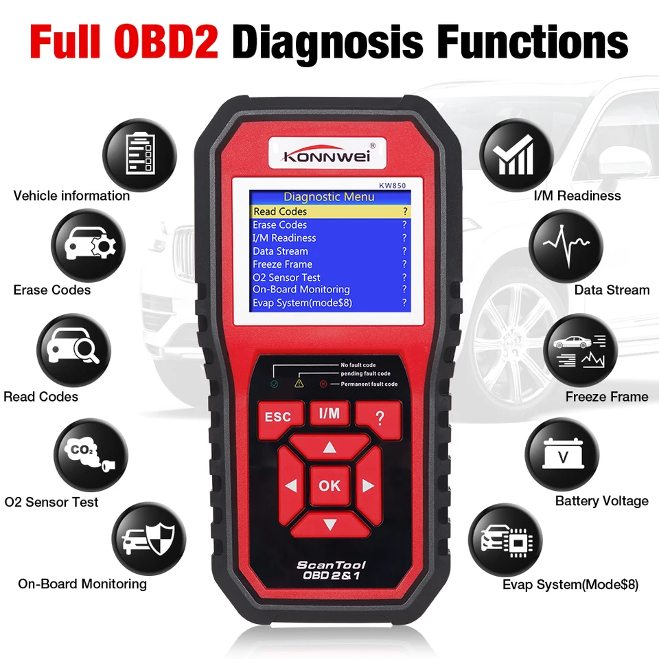 故障診断機 OBD2スキャナー KW 850 OBDII OBD 2 EOBD 車スキャン コードリーダー 車管理 メンテナンス 操作簡単 バッグ付き