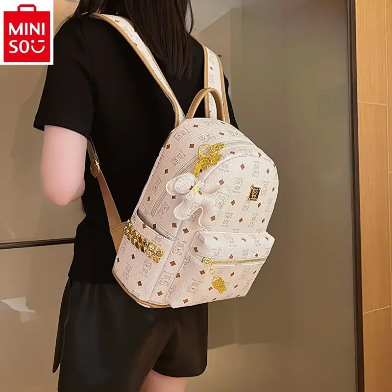 MINISO Disney Cartoon Winnie Bear Printed Backpack for Women's Fashion High Quality Large Capacity Diamond Inlaid Backpack