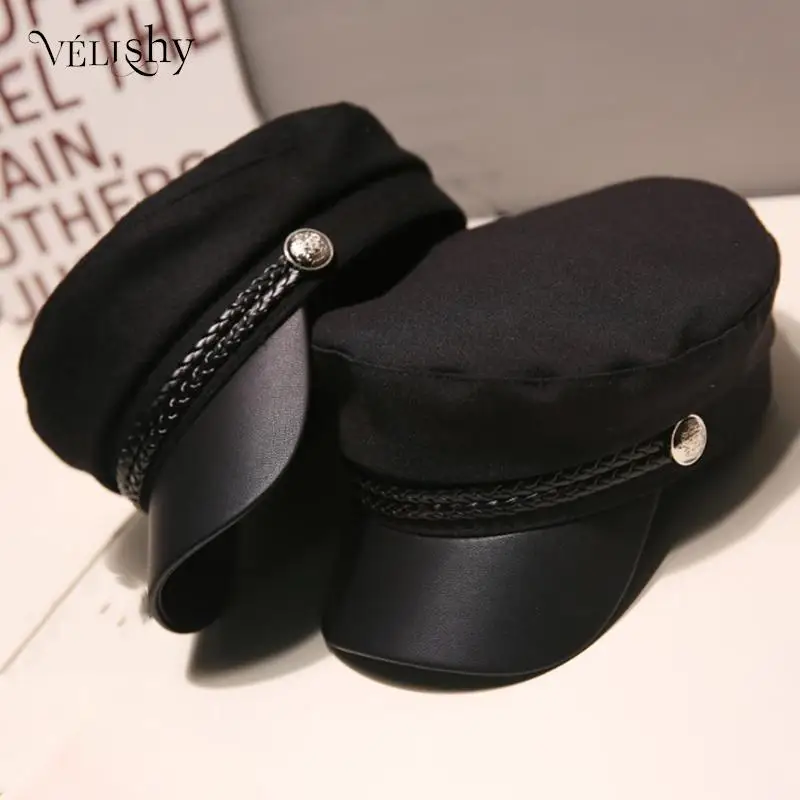 

Black Military Hat Fashion Women Men Flat Top Captain Cap Spring Autumn Sailor Hats Ladies Beret Travel Cadet Octagonal Hat 2023
