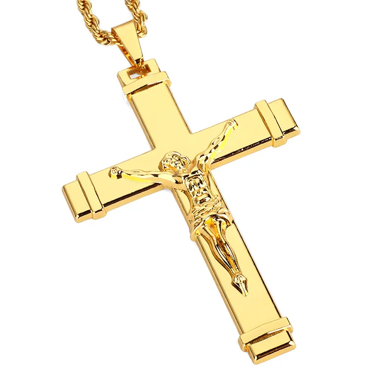 High quality 24K Gold Plated Jesus Christ Cross Pendant Hip hop Rap Golden Crucifixio Cuban Chain Necklace Men Jewelry 2