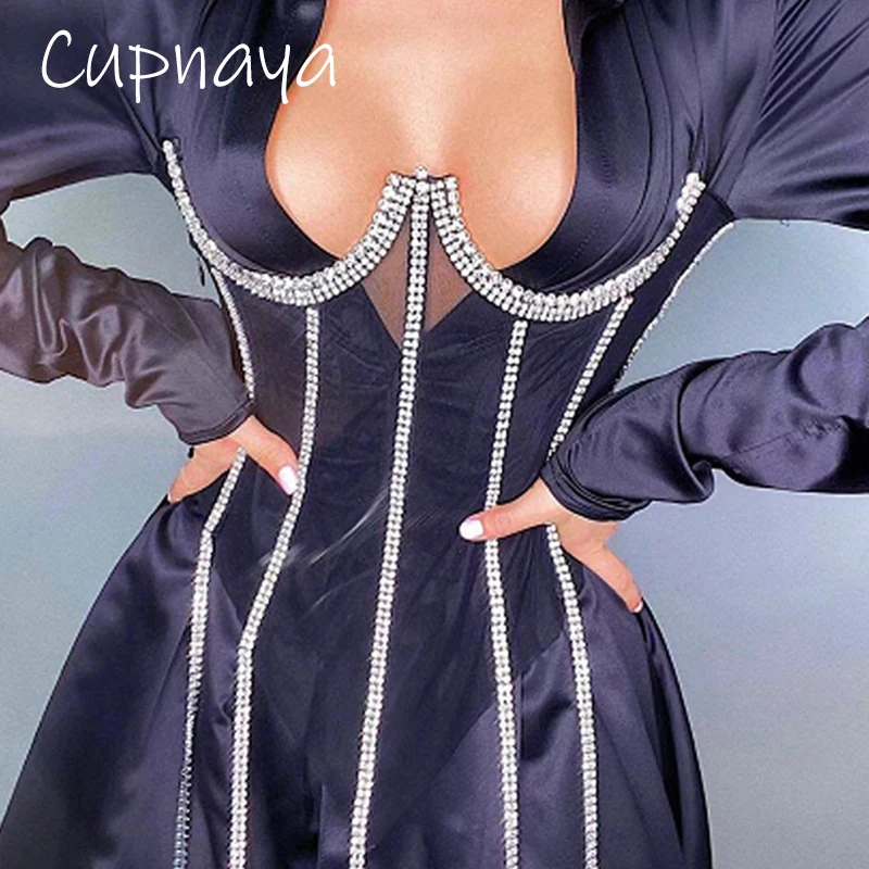 

Cupnaya Rhinestones Long Fringes Women Sexy Sparkle Gauze Mesh Corset Busitier for Party Dance Black White Pink Yellow Orange