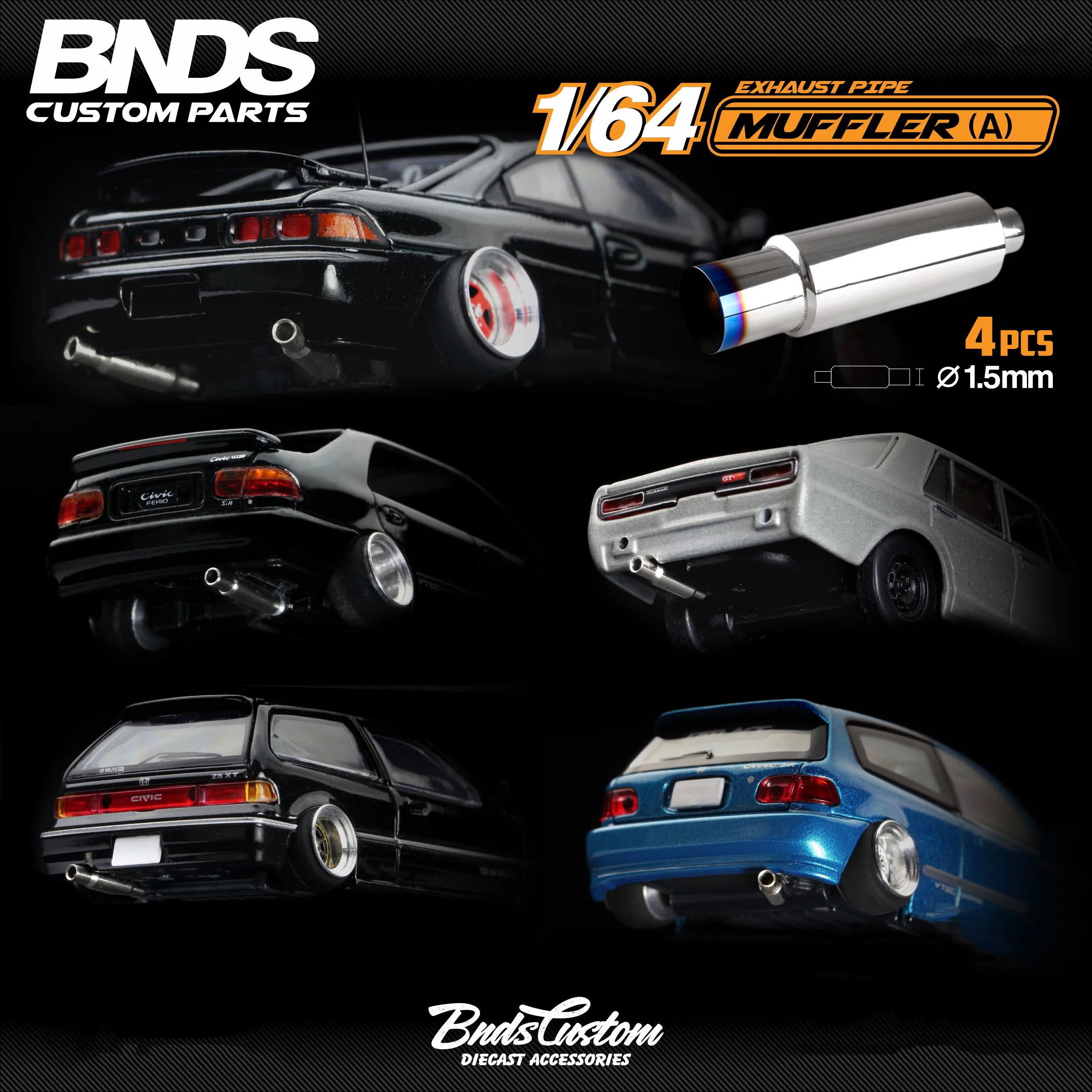 BNDS New 1/64 Metal Modified Parts Small Scale Exhaust Pipe Muffler Racing Style Pedal Set For Model Car Racing Vehicle Toy 2