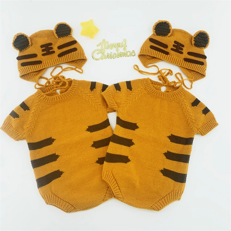 newborn baby clothing gift set Tiger Theme Baby Photo Shoot Clothing Knitted Romper Hat 2pcs Set Infant Boy Girl Photography Clothes Costumes Short Sleeve 3-6M Baby Clothing Set expensive